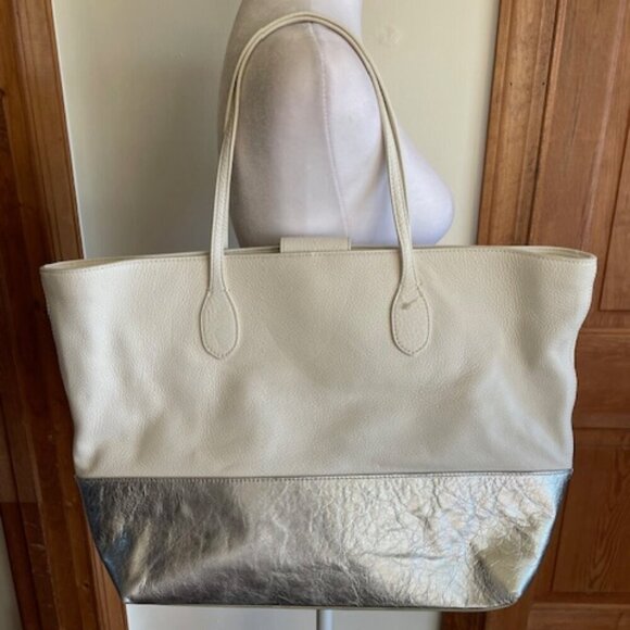 TALBOTS Leather White Silver Large Tote Bag NWOT - Picture 1 of 16
